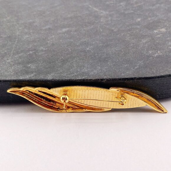 VINTAGE Gold tone metal and genuine abalone shell wavy shaped bar brooch pin - Picture 8 of 8